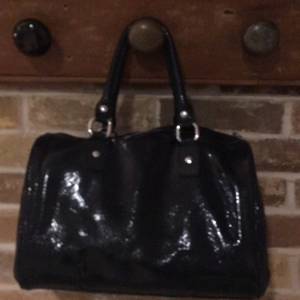 Ladies black leather reptile print satchel